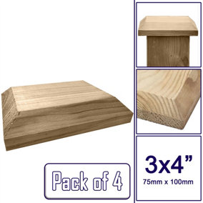 Wooden Fence Post Cap Capping Protection for 3" x 4" (75mm x 100mm) Posts / Pack of 4