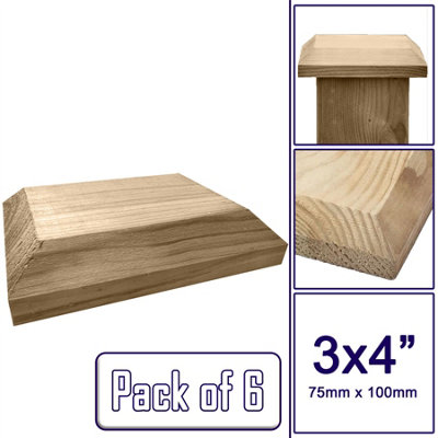 Wooden Fence Post Cap Capping Protection for 3" x 4" (75mm x 100mm) Posts / Pack of 6