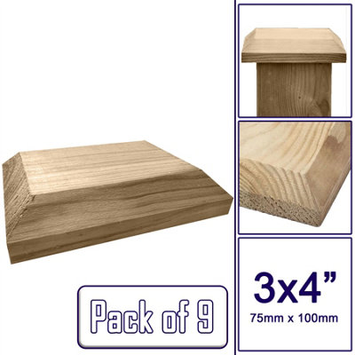 Wooden Fence Post Cap Capping Protection for 3" x 4" (75mm x 100mm) Posts / Pack of 9