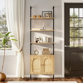 Wooden Freestanding Bookshelf Rattan Cabinet with 2 Doors and Open Shelves 184cm (H)