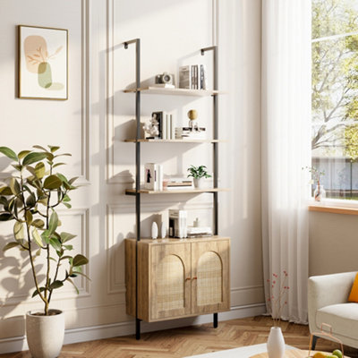 Wooden Freestanding Bookshelf Rattan Cabinet with 2 Doors and Open Shelves 184cm (H)