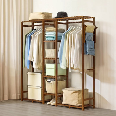 Wooden Freestanding Clothes Rack with Side Hooks 6 Shelves Brown