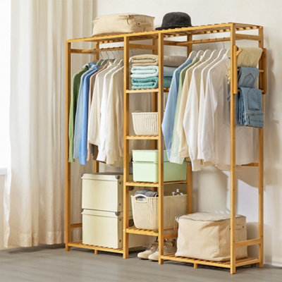 Wooden Freestanding Clothes Rack with Side Hooks 6 Shelves Natural