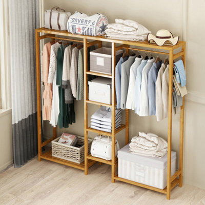 Wooden Freestanding Clothes Rack with Side Hooks 6 Shelves Natural
