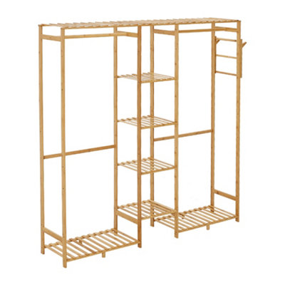 Wooden Freestanding Clothes Rack with Side Hooks 6 Shelves Natural - 4