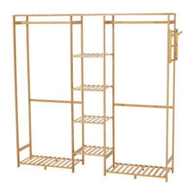 Wooden Freestanding Clothes Rack with Side Hooks 6 Shelves Natural - 5