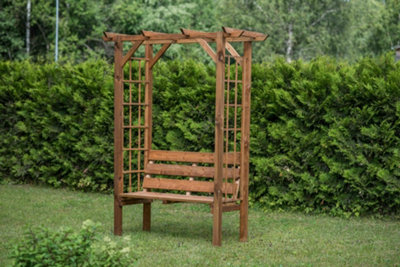 Wooden garden deals bench with trellis