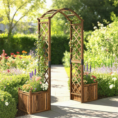 Wooden Garden Arch with 2 Planter Boxes, Outdoor Rose Arch Trellis ...