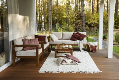 Wooden Garden Bench Seat Cream Cushions Comfy Deep 2 Seater Outdoor Bench - Cozy