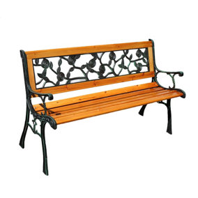 Wooden Garden Furniture 2 Seater Bench with Rose Effect Design Cast Iron Legs