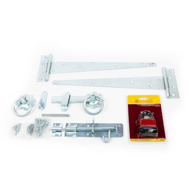 Wooden Garden Gate Fitting Kit Galvanised 350mm Hinges Latch Bolt Padlock