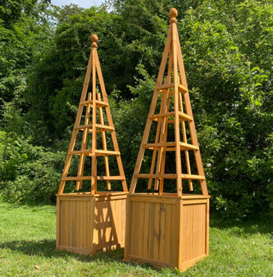 Wooden Garden Obelisk Patio Planter with Liner (Set of 2)