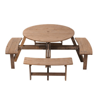 Wooden Garden Picnic Table and 4 Bench Set Outdoor 8 Seat Round Table Bench Set