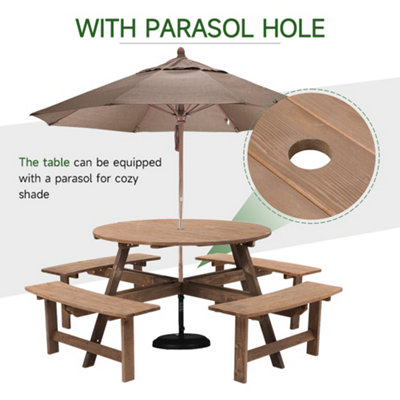 Wooden Garden Picnic Table and 4 Bench Set Outdoor 8 Seat Round Table Bench Set - 4