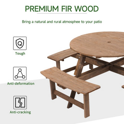 Wooden Garden Picnic Table and 4 Bench Set Outdoor 8 Seat Round Table Bench Set - 5