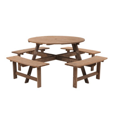 Wooden Garden Picnic Table and 4 Bench Set Outdoor 8 Seat Round Table Bench Set - 6
