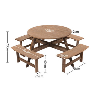 Wooden Garden Picnic Table and 4 Bench Set Outdoor 8 Seat Round Table Bench Set - 7
