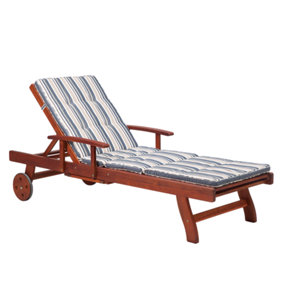 Wooden Garden Sun Lounger with Striped Blue Cushion TOSCANA