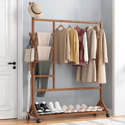 Wooden Garment Hat Rack with Wheels 6 Hooks and 4 Short Poles Brown