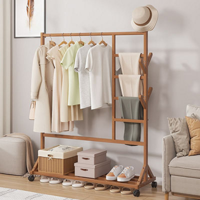 Wooden Garment Hat Rack with Wheels 6 Hooks and 4 Short Poles Brown