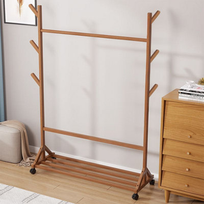 Wooden Garment Hat Rack with Wheels 6 Hooks and Shelf 109 x 38 x 156cm Brown