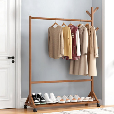 Wooden Garment Hat Rack with Wheels 6 Hooks and Shelf Brown