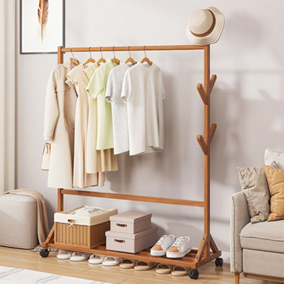 Wooden Garment Hat Rack with Wheels 6 Hooks and Shelf Brown