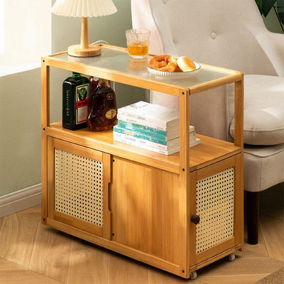 Wooden Glass Coffee Table with Wheels Cabinet Storage Movable