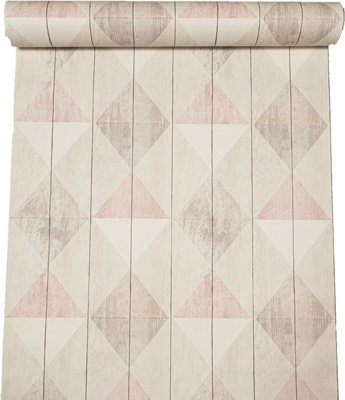 Wooden Grain Effect Panel Diamond Triangle Pink Beige White Textured Wallpaper