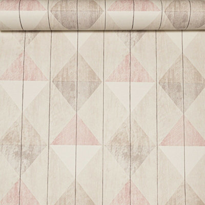 Wooden Grain Effect Panel Diamond Triangle Pink Beige White Textured Wallpaper