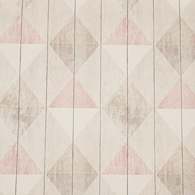 Wooden Grain Effect Panel Diamond Triangle Pink Beige White Textured Wallpaper