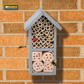Wooden Grey Insect Hotel Free Standing Natural Wood Eye Catching Bug House