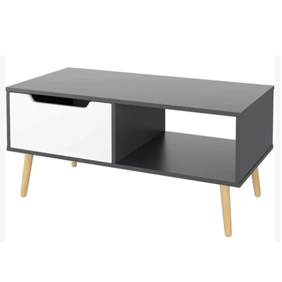 Wooden Grey White Scandinavian Coffee Table With Legs Storage Compartment Drawer