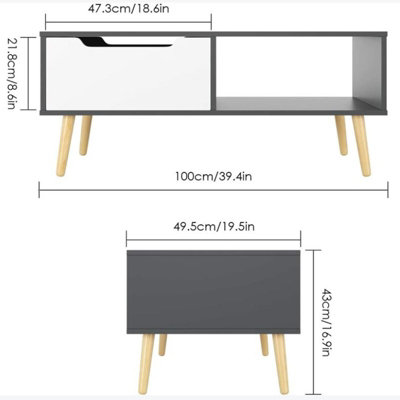 Wooden Grey White Scandinavian Coffee Table With Legs Storage Compartment Drawer - 3