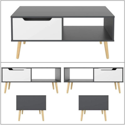 Wooden Grey White Scandinavian Coffee Table With Legs Storage Compartment Drawer - 4