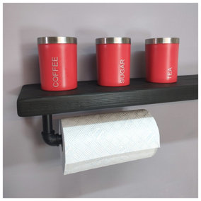 Wooden Handmade Rustic Kitchen Roll Black Holder with Black Ash Shelf 6 inches 145mm Length of 40cm