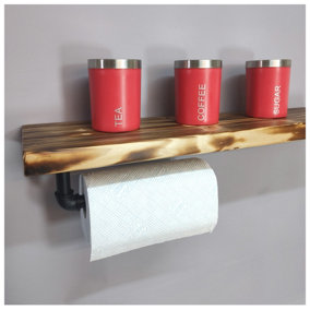 Wooden Handmade Rustic Kitchen Roll Black Holder with Burnt Shelf 6 inches 145mm Length of 70cm
