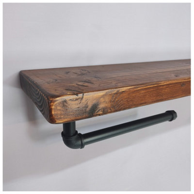 Wooden Handmade Rustic Kitchen Roll Black Holder with Dark Oak Shelf 6 inches 145mm Length of 40cm