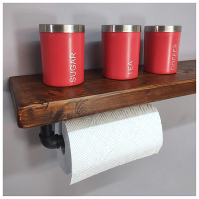 Wooden Handmade Rustic Kitchen Roll Black Holder with Dark Oak Shelf 7 inches 175mm Length of 240cm