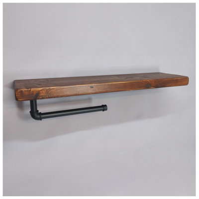 Wooden Handmade Rustic Kitchen Roll Black Holder with Dark Oak Shelf 9 inches 225mm Length of 210cm