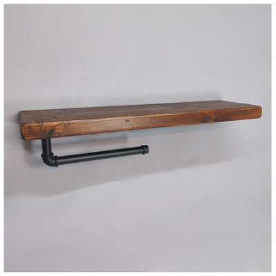 Wooden Handmade Rustic Kitchen Roll Black Holder with Dark Oak Shelf 9 inches 225mm Length of 40cm