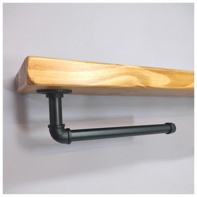 Wooden Handmade Rustic Kitchen Roll Black Holder with Light Oak Shelf 6 inches 145mm Length of 90cm