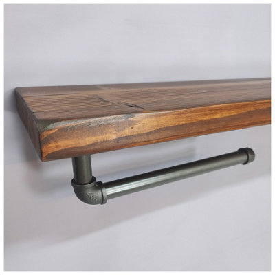 Wooden Handmade Rustic Kitchen Roll Black Holder with Medium Oak Shelf 6 inches 145mm Length of 180cm