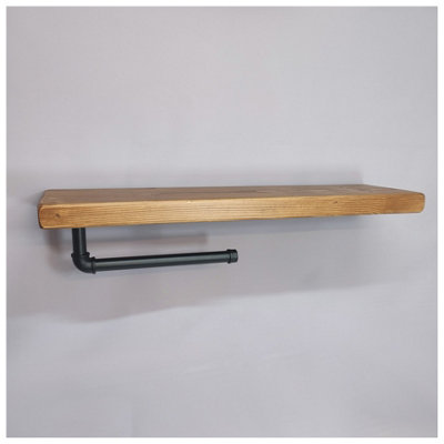 Wooden Handmade Rustic Kitchen Roll Black Holder with Medium Oak Shelf 7 inches 175mm Length of 120cm