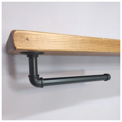 Wooden Handmade Rustic Kitchen Roll Black Holder with Medium Oak Shelf 9 inches 225mm Length of 170cm