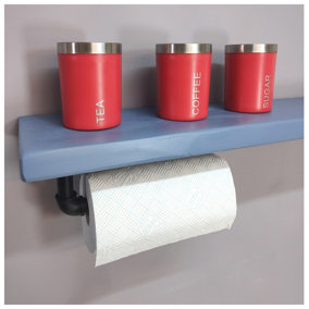 Wooden Handmade Rustic Kitchen Roll Black Holder with Nordic Blue Shelf 6 inches 145mm Length of 80cm
