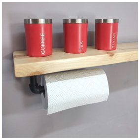 Wooden Handmade Rustic Kitchen Roll Black Holder with Primed Shelf 6 inches 145mm Length of 110cm