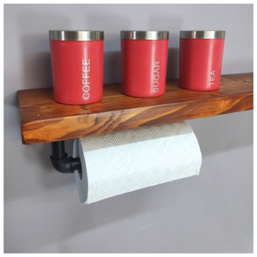 Wooden Handmade Rustic Kitchen Roll Black Holder with Teak Shelf 6 inches 145mm Length of 100cm