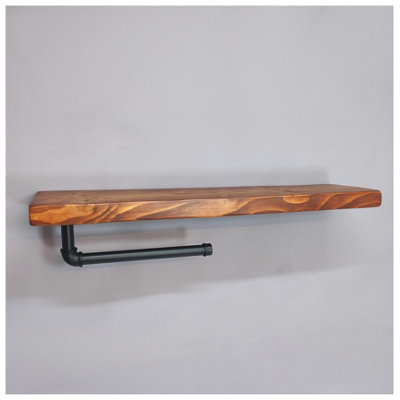 Wooden Handmade Rustic Kitchen Roll Black Holder with Teak Shelf 6 inches 145mm Length of 60cm