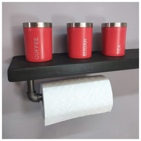 Wooden Handmade Rustic Kitchen Roll Silver Holder with Black Ash Shelf 6 inches 145mm Length of 100cm